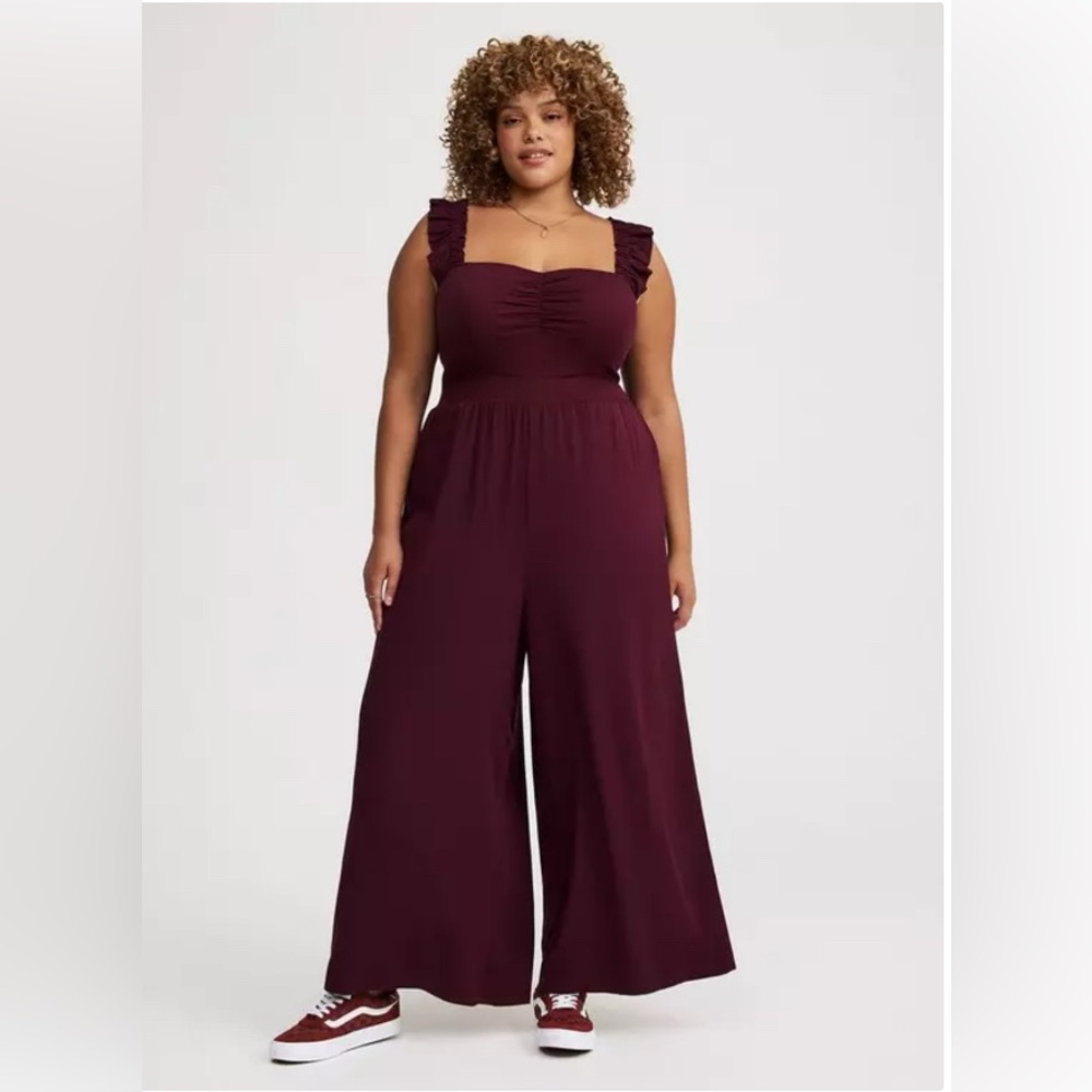 Torrid NWOT Ruffle-Strap Wide-Leg Jumpsuit in Burgundy